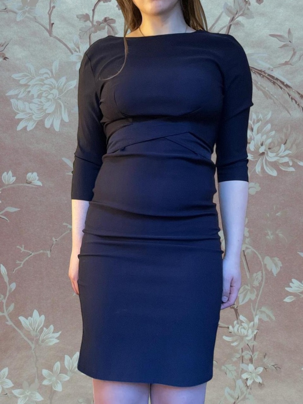 Elegant Navy Boatneck Sheath Dress with Three-Quarter Sleeves